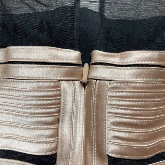 BCBG Max Azria Gold Striped Dress Sheer Shoulders Party - Picture 4 of 8